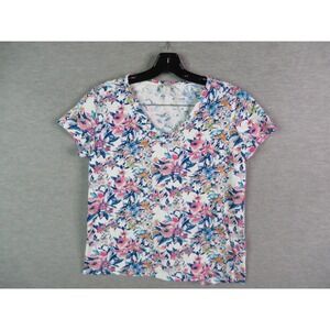 Sundance‎ Womens Shirt Small Blue Pink Floral Cotton Short Sleeve V Neck Casual